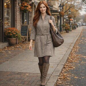 Vintage 1970s Taupe Ultrasuede Shirtdress Belted Sleeves Pockets Zip Front S/M